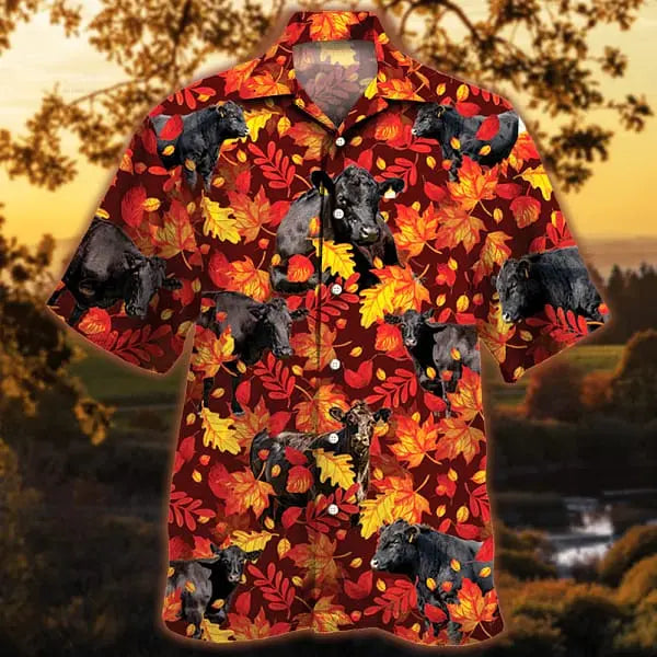 Summer Autumn Black Angus Cattle Red Leaves Cow Hawaiian Shirt For Summer Vacation, Beach Travel, And Casual Wear