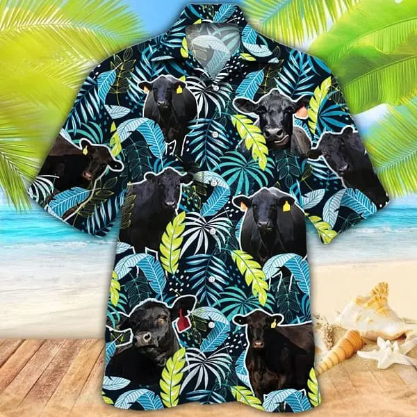 Summer Black Angus Cattle Jungle Leaves Cow Hawaiian Shirt For Summer Vacation, Beach Travel, And Casual Wear