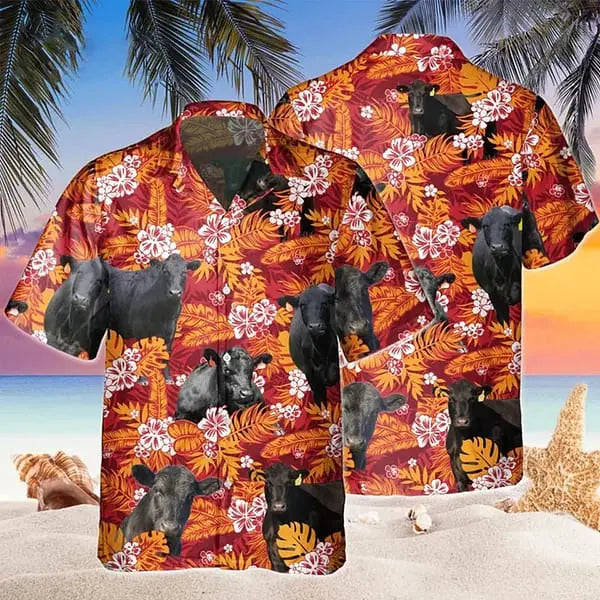 Hawaiian Shirt / Adults / S Black Angus Red Orange Floral Trendy Hawaiian Shirt Cow Hawaii Shirts Men Trendy Hawaiian Shirt Women