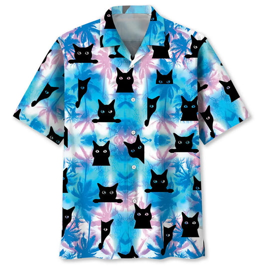 Black Cat Blue Hawaiian Shirt For Nature Fans, Resort Trips, And Comfortable Warm Weather Wear