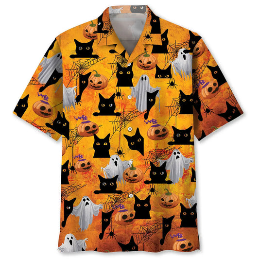 Halloween Black Cat Boo Hawaiian Shirt For Island Vacations, Resort Wear, And Relaxed Seasonal Style