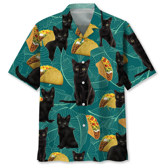 Black Cat Food Hawaiian Shirt For Summer Vacation, Beach Travel, And Casual Wear