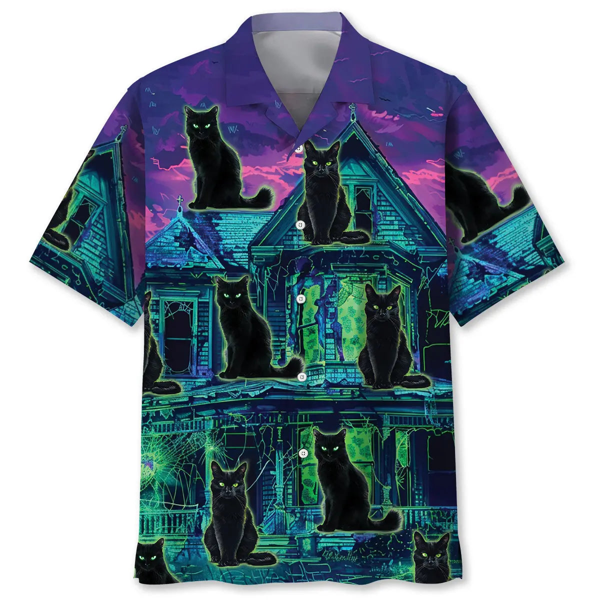 Black Cat Haunted House Hawaiian Shirt For Resort Trips, Coastal Parties, And Warm Weather Style