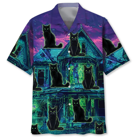 Black Cat Haunted House Hawaiian Shirt For Resort Trips, Coastal Parties, And Warm Weather Style