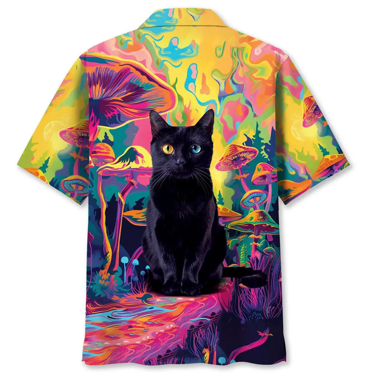 Black Cat Hippie Mushroom Hawaiian Shirt For Island Vacations, Resort Wear, And Relaxed Seasonal Style