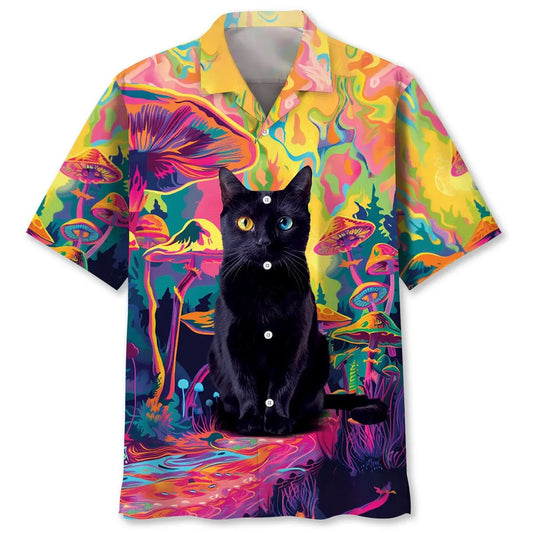 Black Cat Hippie Mushroom Hawaiian Shirt For Island Vacations, Resort Wear, And Relaxed Seasonal Style