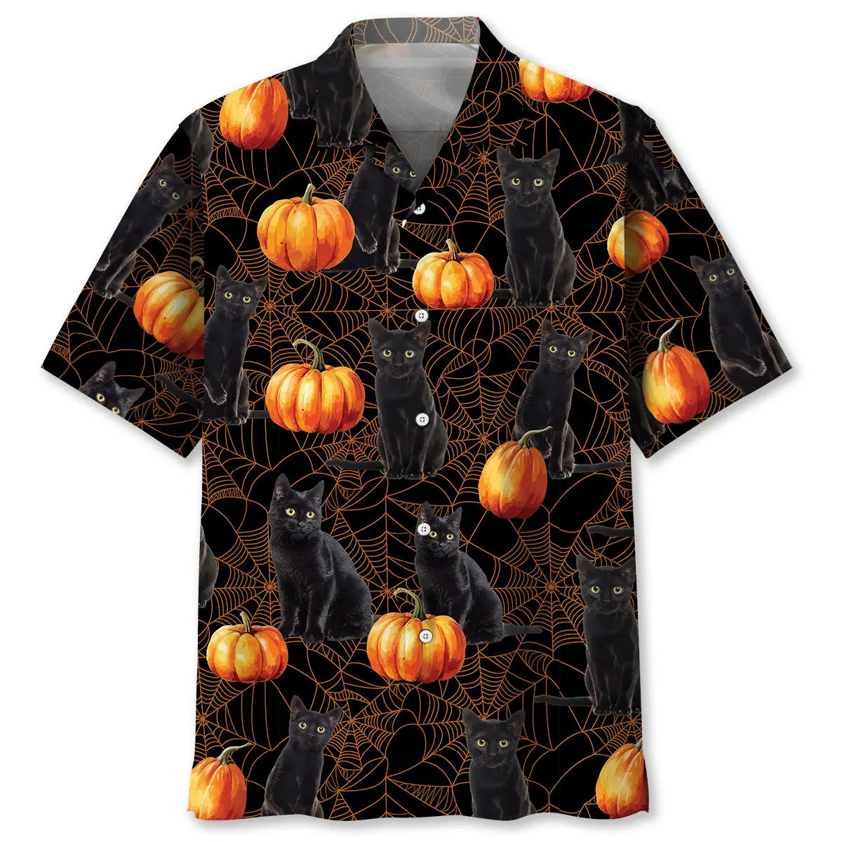Halloween Black Cat Pumpkin Hawaiian Shirt For Costume Parties, Summer Travel, And Distinctive Casual Wear