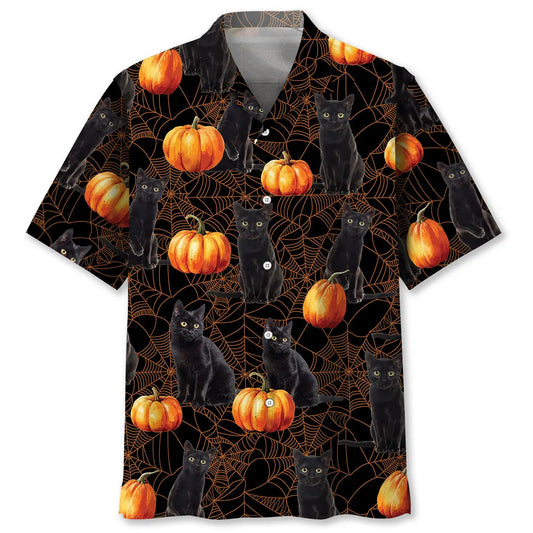 Halloween Black Cat Pumpkin Hawaiian Shirt For Costume Parties, Summer Travel, And Distinctive Casual Wear