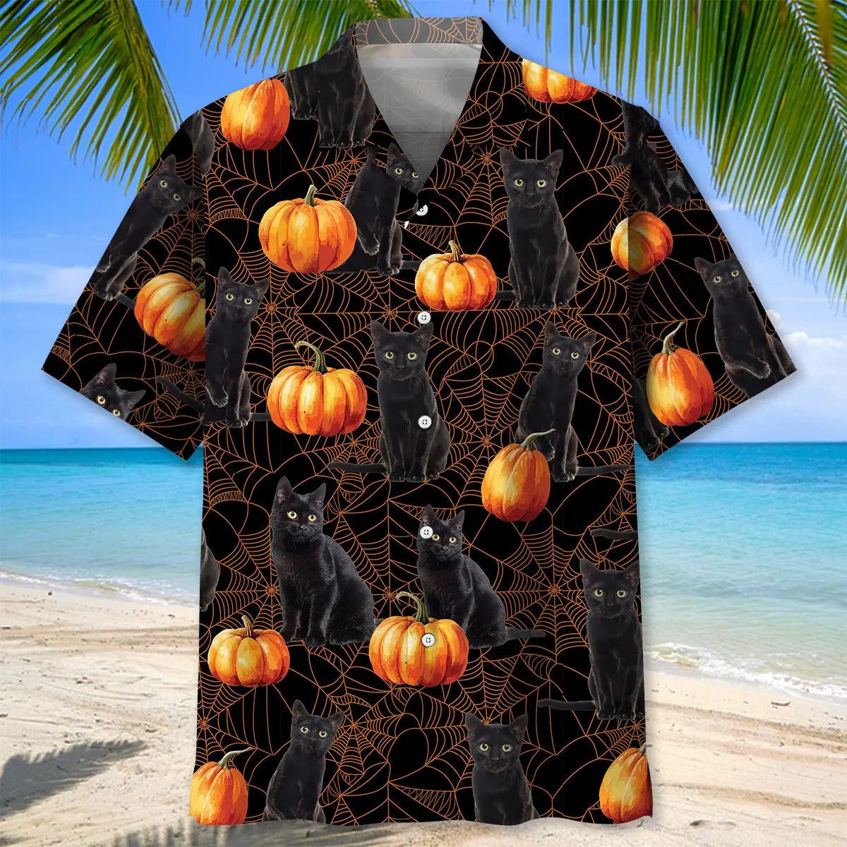 Halloween Black Cat Pumpkin Hawaiian Shirt For Costume Parties, Summer Travel, And Distinctive Casual Wear