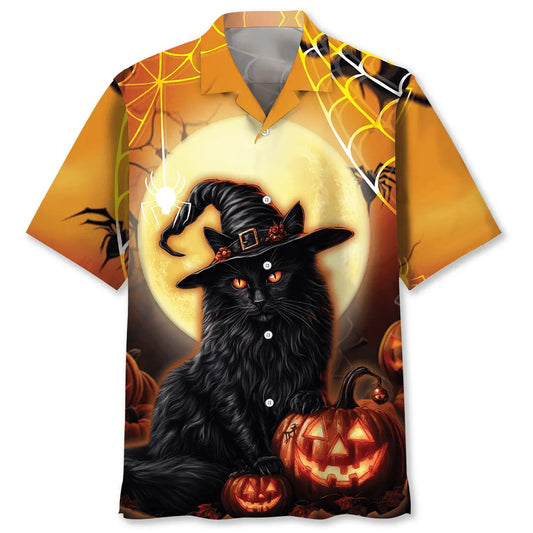 Halloween Black Cat Pumpkin Hawaiian Shirt For Costume Parties, Summer Travel, And Distinctive Casual Wear