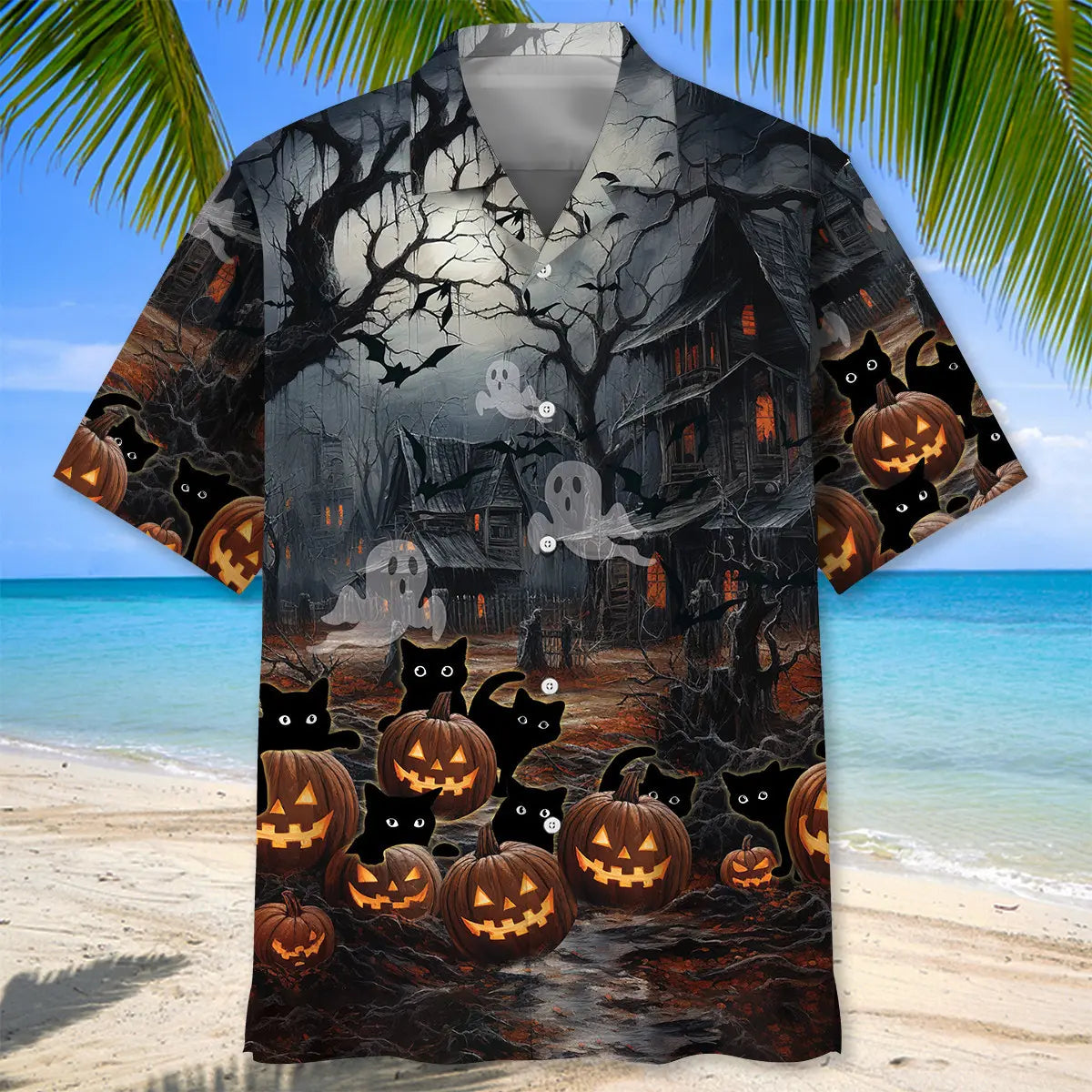 Halloween Black Cat Pumpkins Hawaiian Shirt For Costume Parties, Summer Travel, And Distinctive Casual Wear