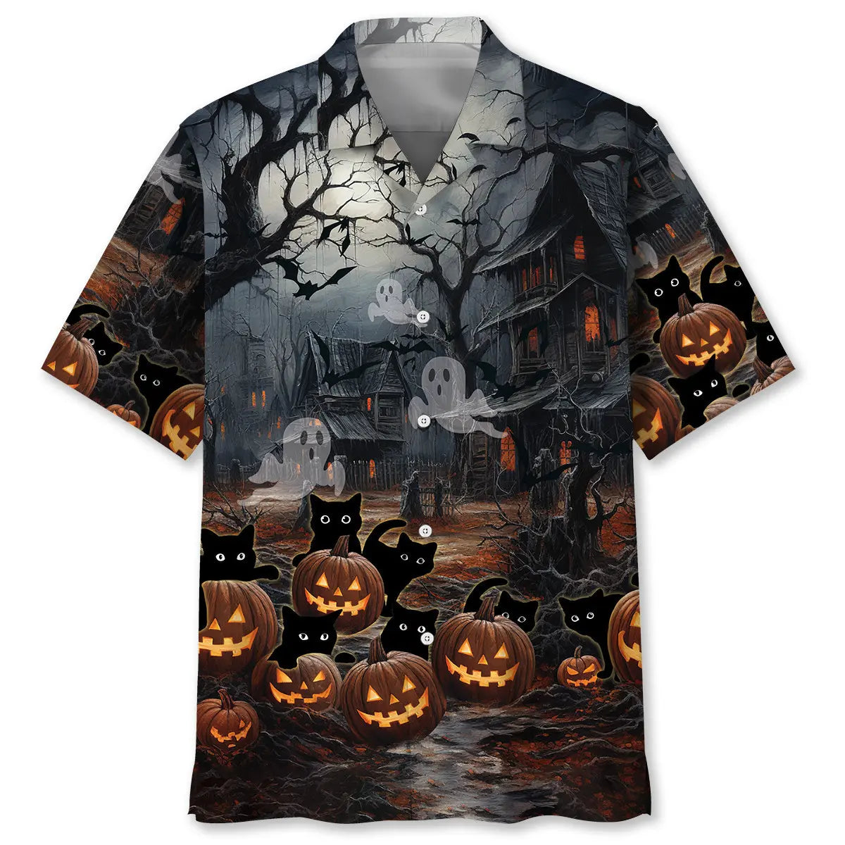 Halloween Black Cat Pumpkins Hawaiian Shirt For Costume Parties, Summer Travel, And Distinctive Casual Wear
