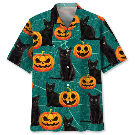 Halloween Black Cat Pumpkins Hawaiian Shirt For Autumn Gatherings, Coastal Outings, And Playful Holiday Style