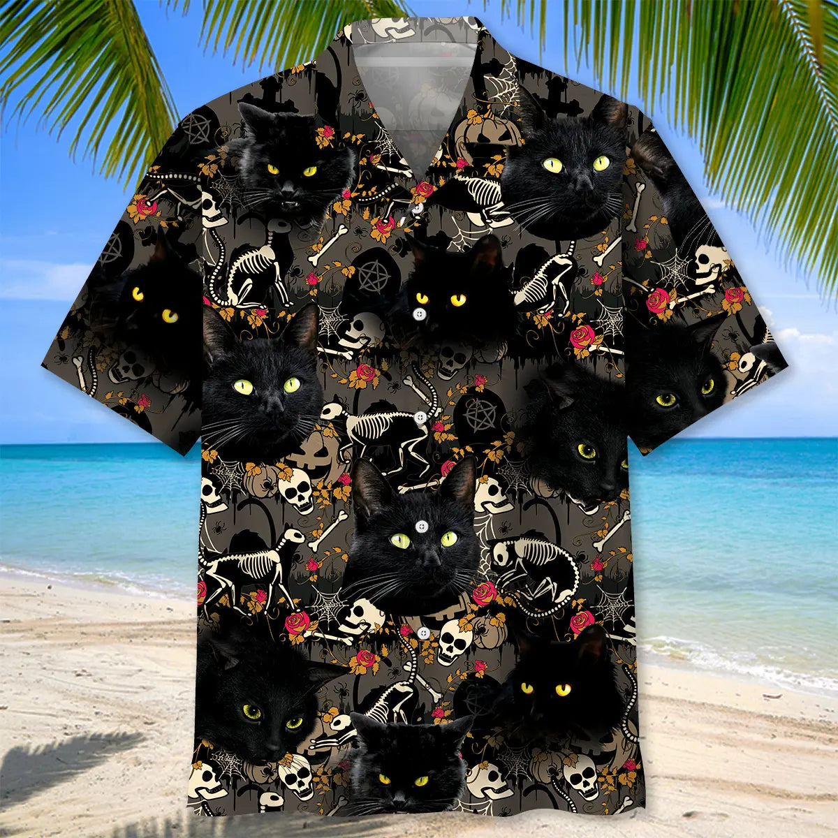 Black Cat Skeleton Hawaiian Shirt For Animal Lovers, Beach Travel, And Casual Summer Style