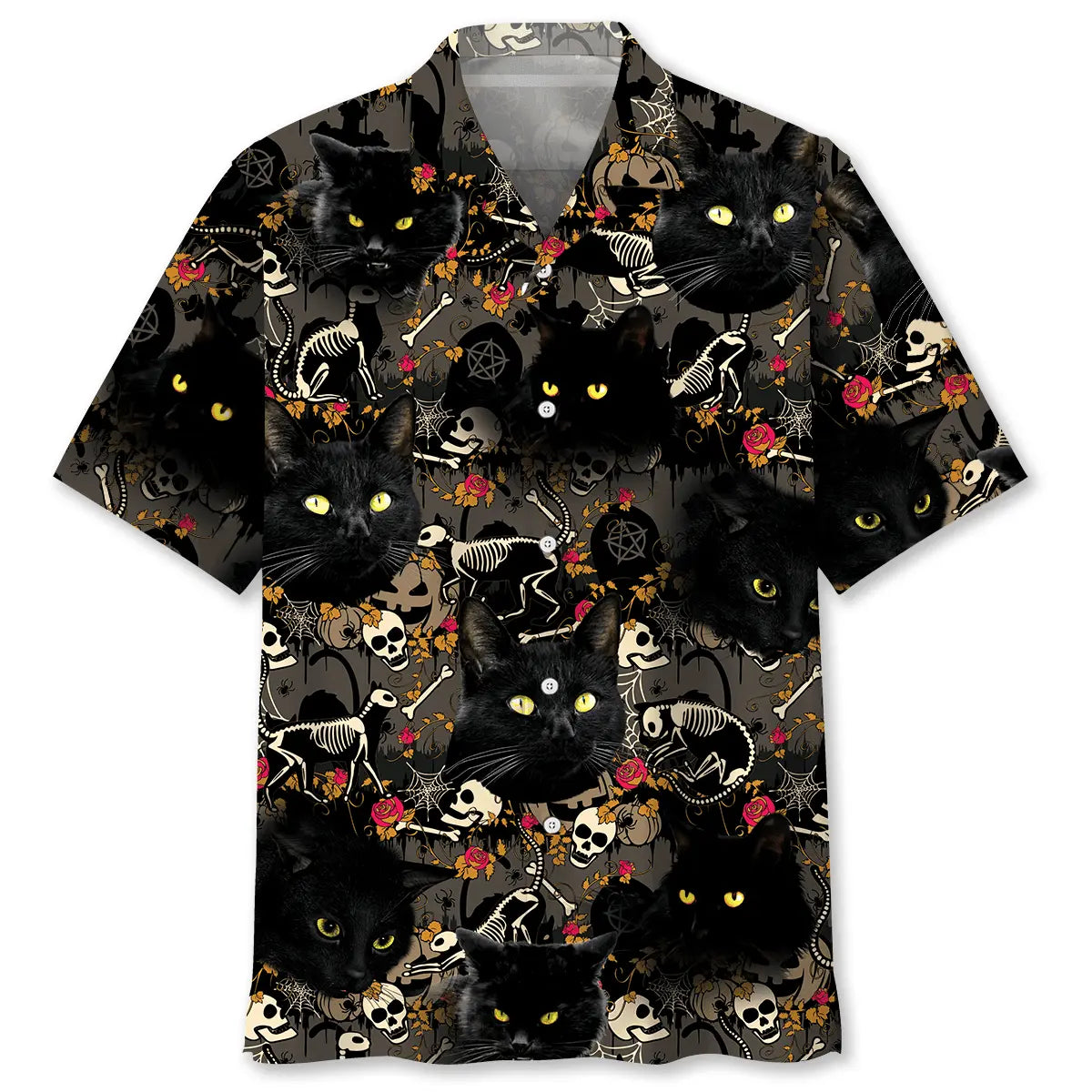 Black Cat Skeleton Hawaiian Shirt For Animal Lovers, Beach Travel, And Casual Summer Style