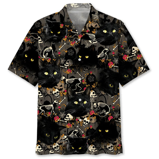Black Cat Skeleton Hawaiian Shirt For Animal Lovers, Beach Travel, And Casual Summer Style