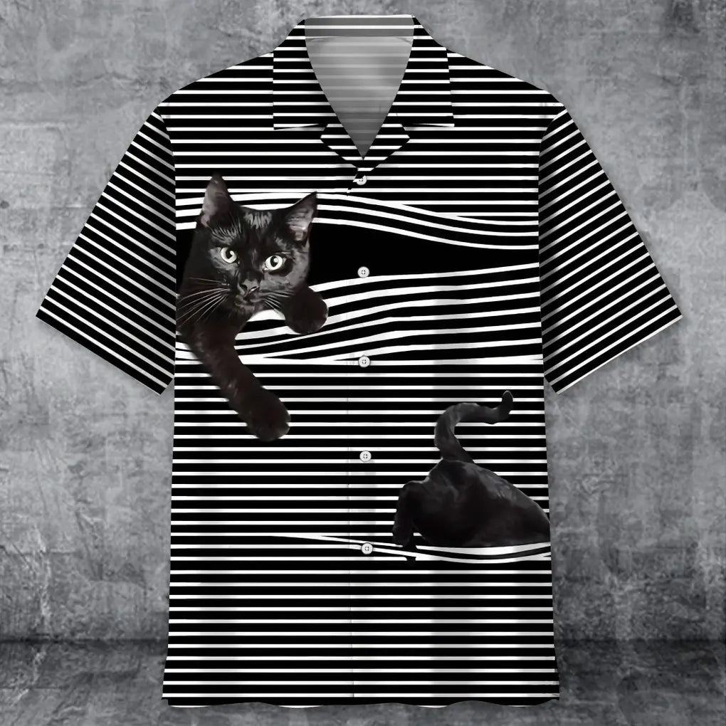Black Cat Stripes Pattern Hawaiian Shirt For Summer Vacation, Beach Travel, And Casual Wear