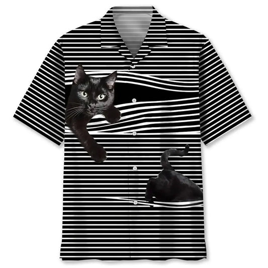 Black Cat Stripes Pattern Hawaiian Shirt For Summer Vacation, Beach Travel, And Casual Wear