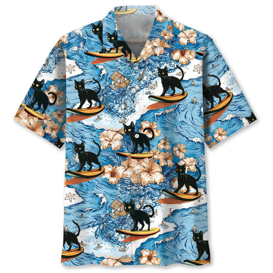 Black Cat Surfing Hawaiian Shirt For Beachside Event And Casual Outdoor Style