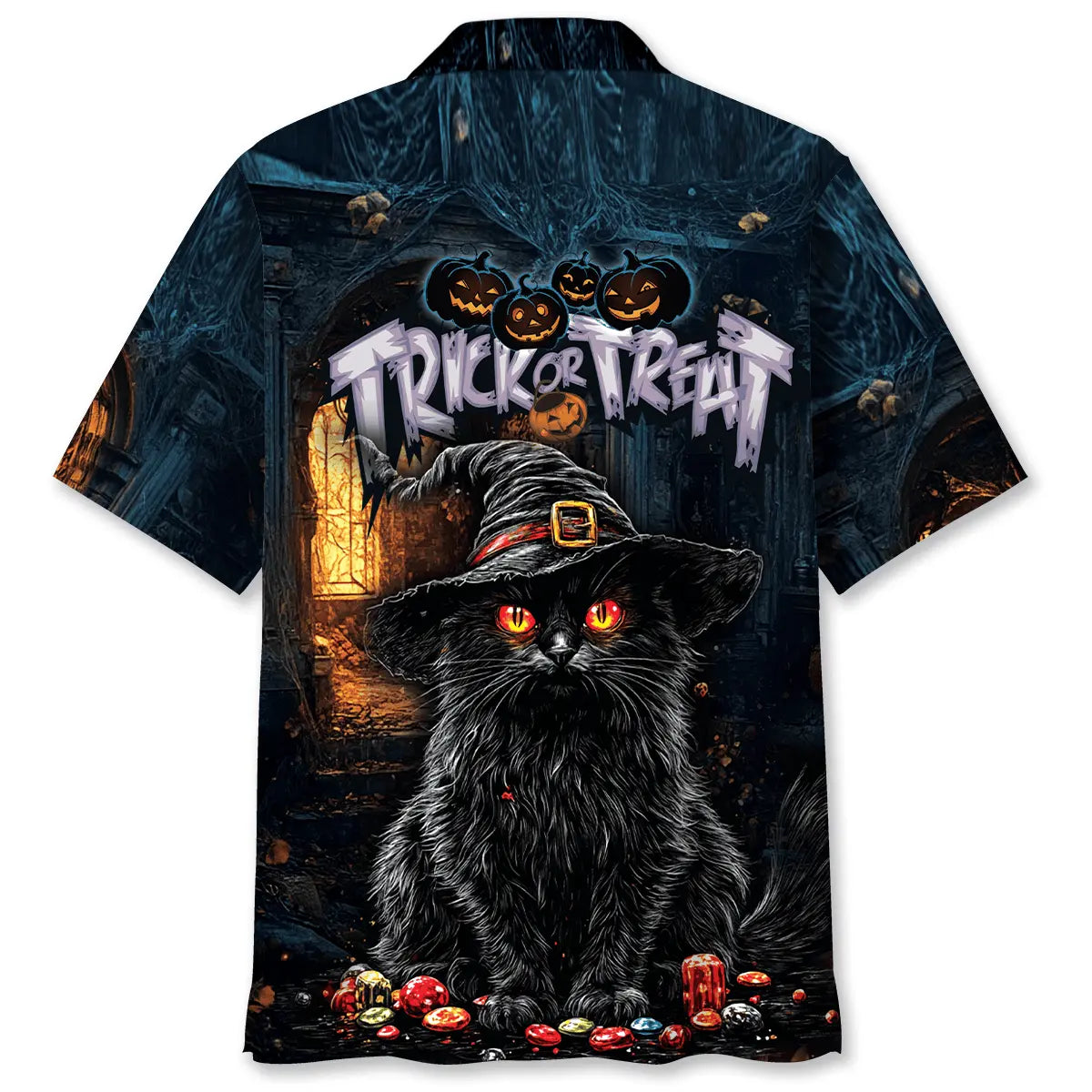 Black Cat Trick Treat Hawaiian Shirt For Coastal Getaways, Outdoor Gatherings, And Thoughtful Gift Giving
