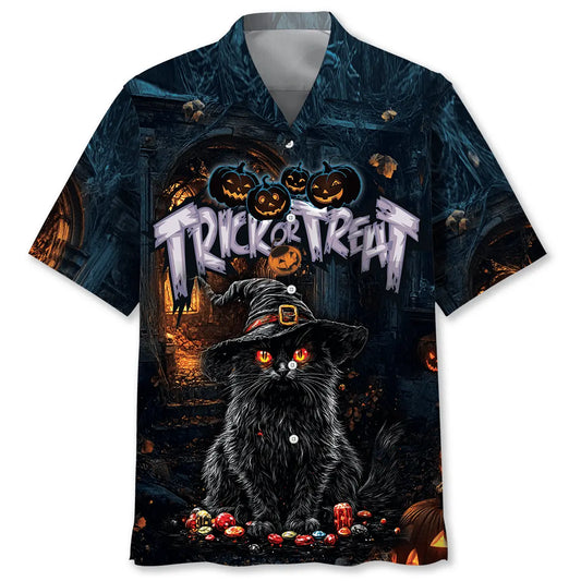 Black Cat Trick Treat Hawaiian Shirt For Coastal Getaways, Outdoor Gatherings, And Thoughtful Gift Giving