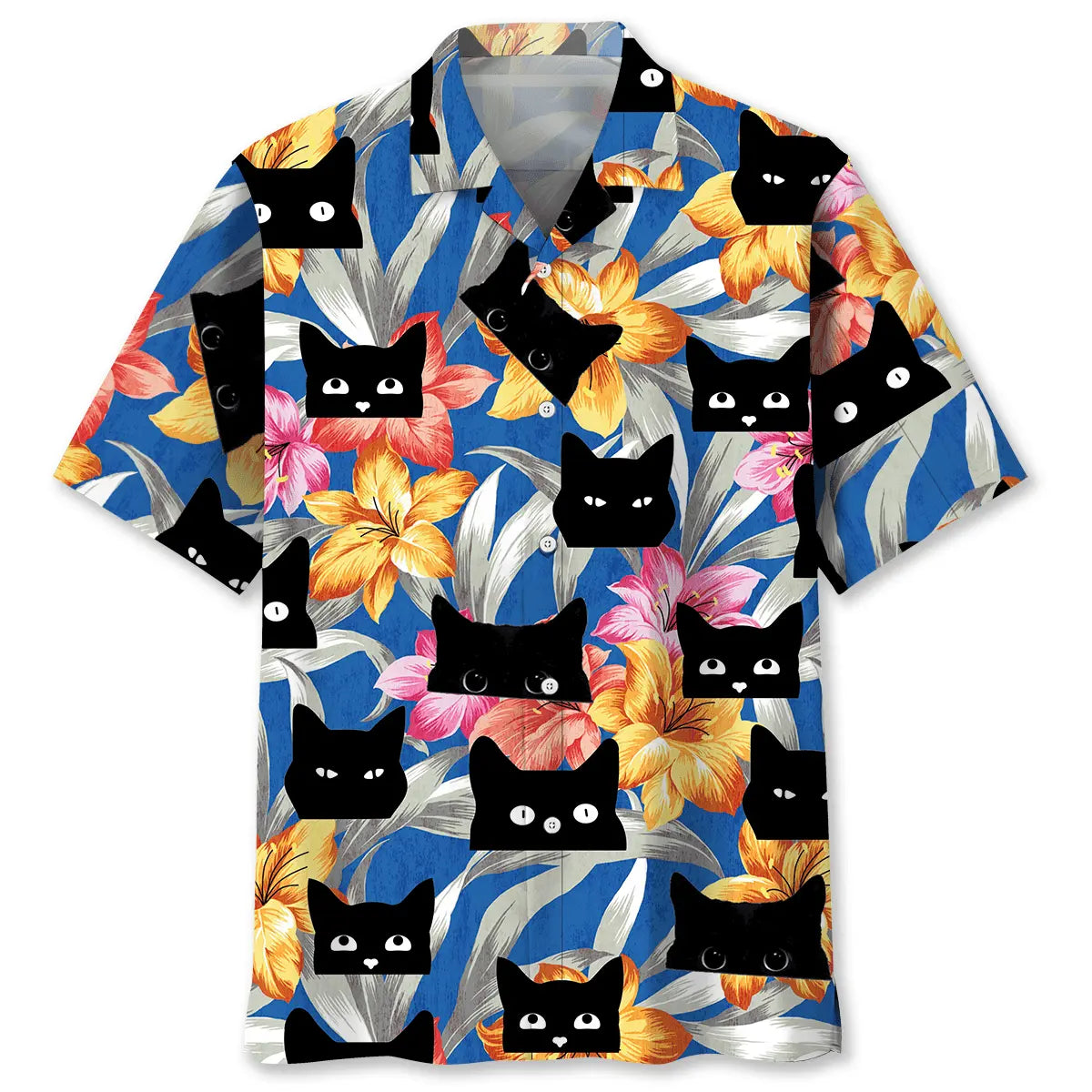 Tropical Funny Black Cat Hawaiian Shirt For Animal Lovers, Beach Travel, And Casual Summer Style