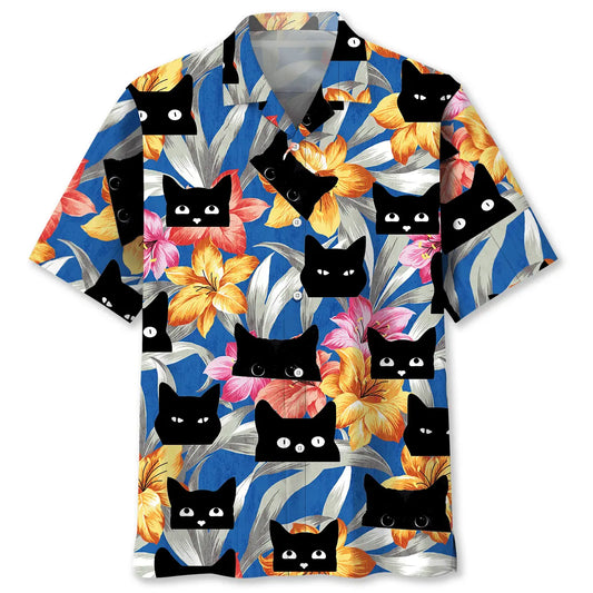 Tropical Funny Black Cat Hawaiian Shirt For Animal Lovers, Beach Travel, And Casual Summer Style