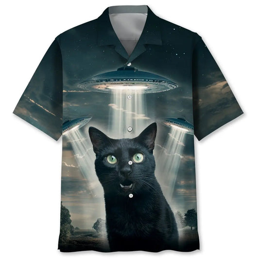 Black Cat UFO Hawaiian Shirt For Island Vacations, Resort Wear, And Relaxed Seasonal Style