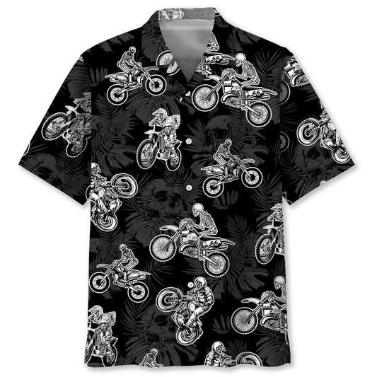 Black Dirt Bike Racing Hawaiian Shirt For Automotive Enthusiasts, Coastal Trips, And Casual Warm Weather Style