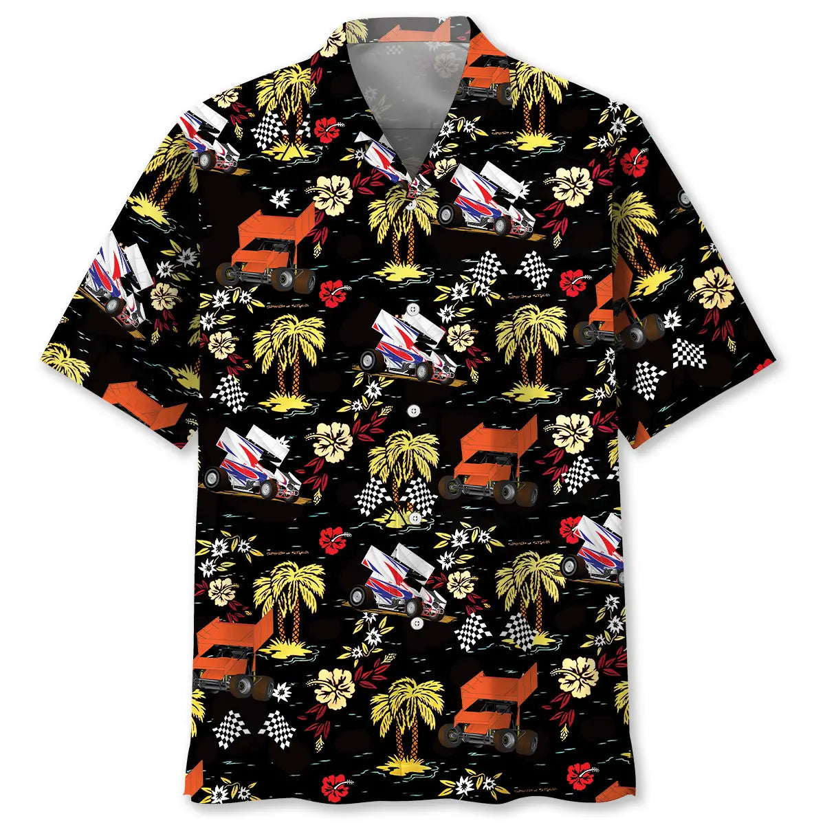 Black Dirt Track Racing Sprint Car Hawaiian Shirt For Seasonal Celebration And Coastal Casual Wear
