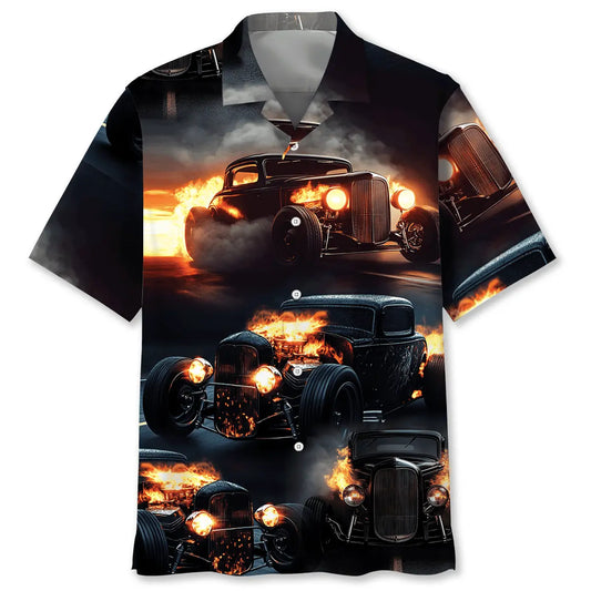 Black Hot Rod Fire Hawaiian Shirt For Coastal Travel, Casual Events, And Comfortable Summer Wear