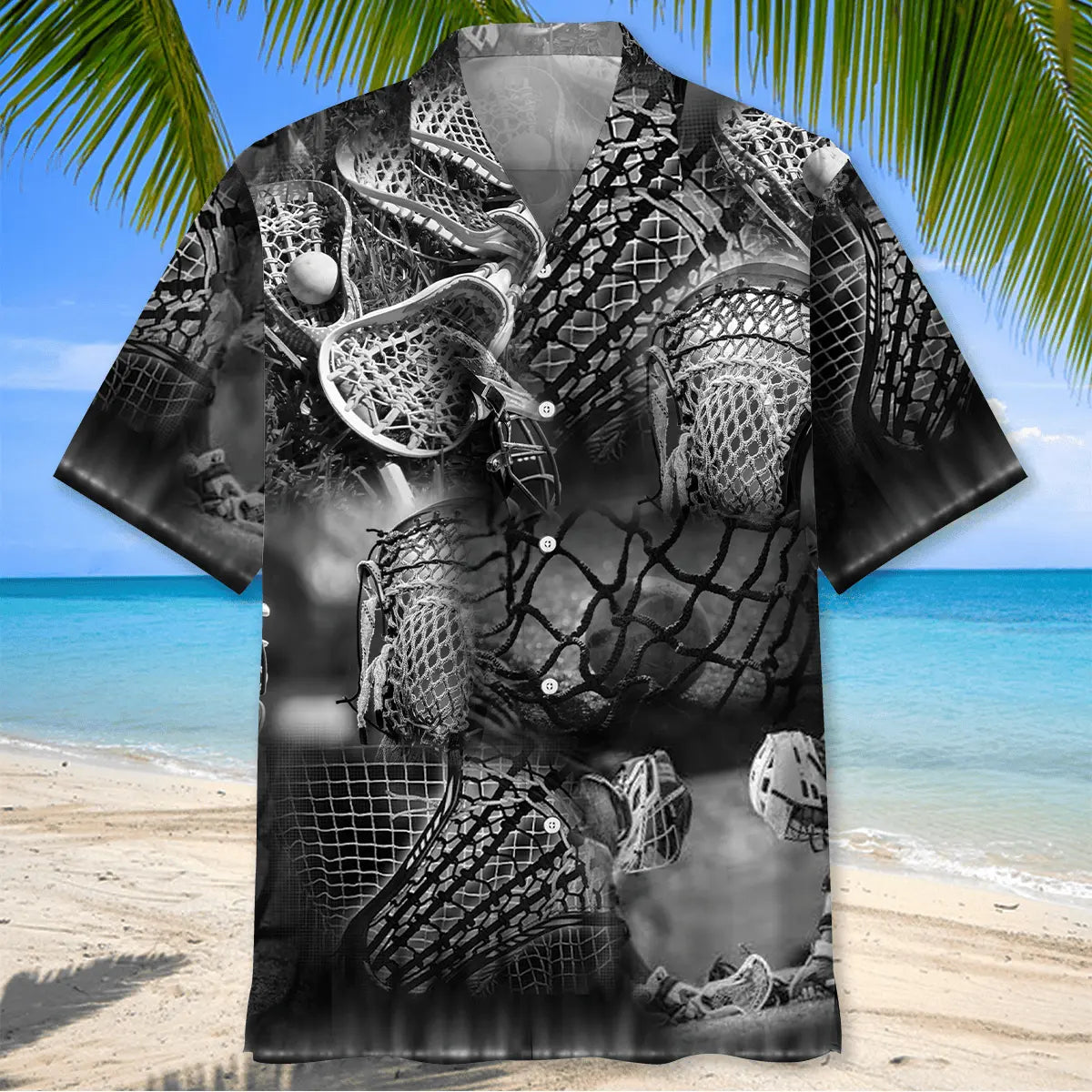 Black Lacrosse Sticks Hawaiian Shirt For Outdoor Adventures, Coastal Travel, And Comfortable Casual Style