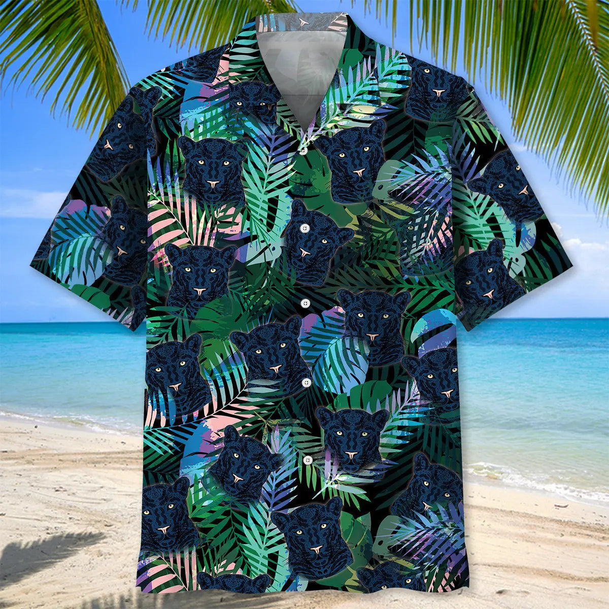 Tropical Black Leopard Hawaiian Shirt For Summer Vacation, Beach Travel, And Casual Wear