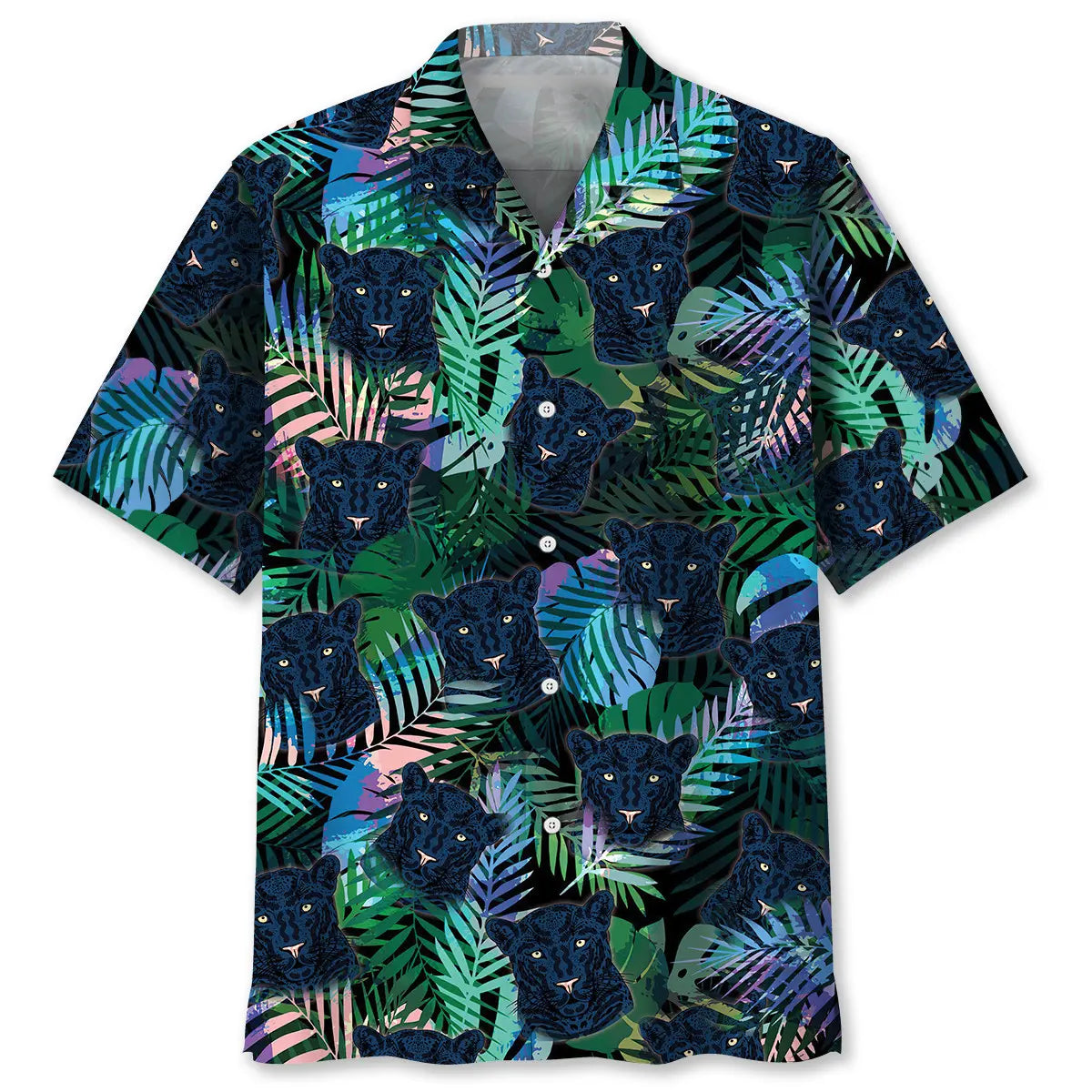 Tropical Black Leopard Hawaiian Shirt For Summer Vacation, Beach Travel, And Casual Wear