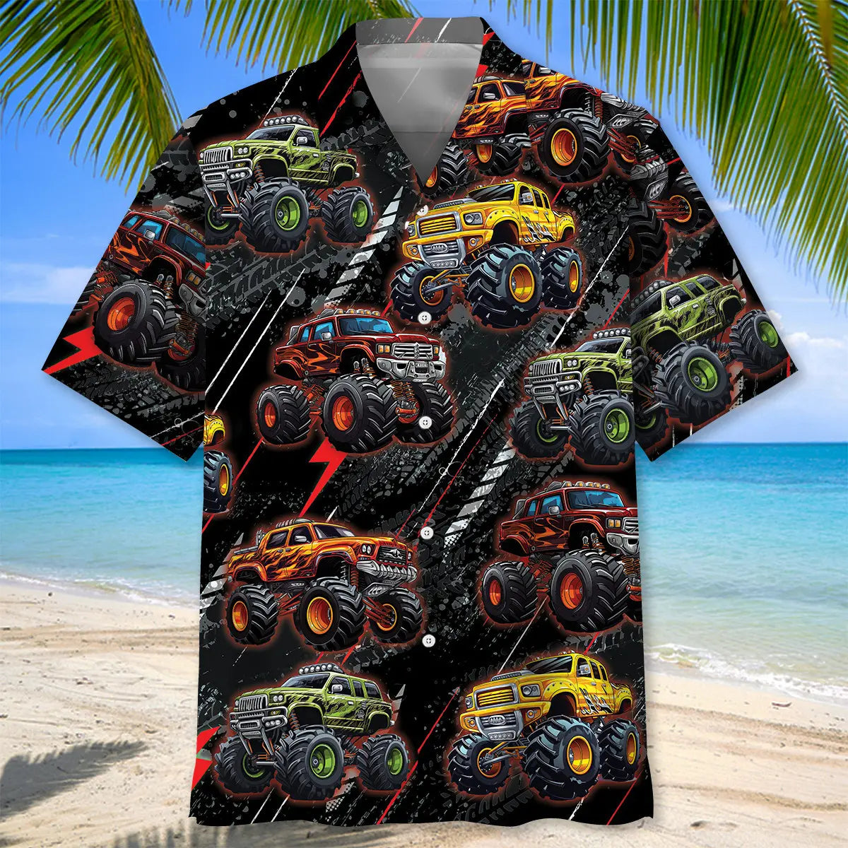 Black Monster Truck Hawaiian Shirt For Beach Days, Summer Outings, And Thoughtful Gift Giving