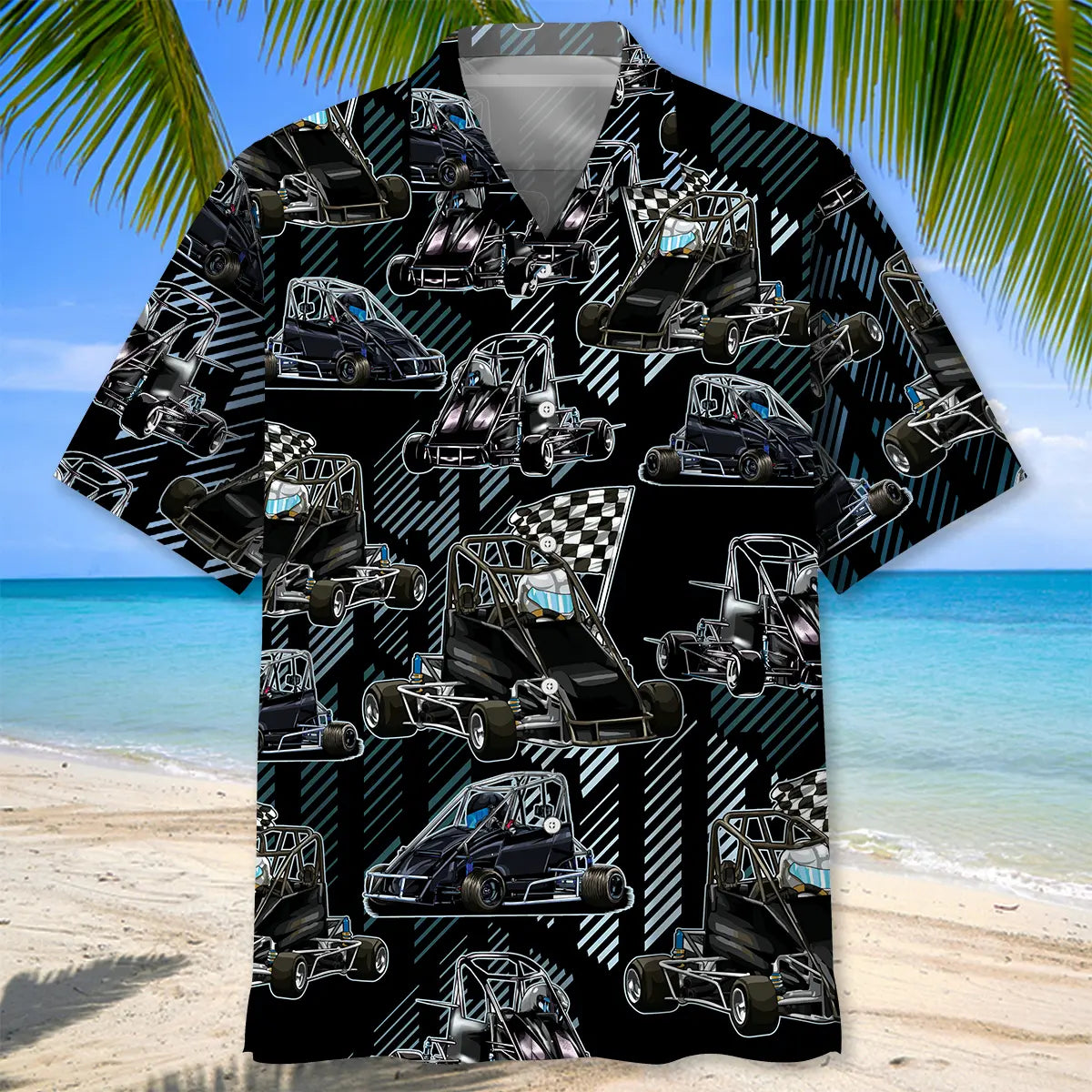 Black Quarter Midget Race Car Hawaiian Shirt For Coastal Travel, Casual Events, And Comfortable Summer Wear