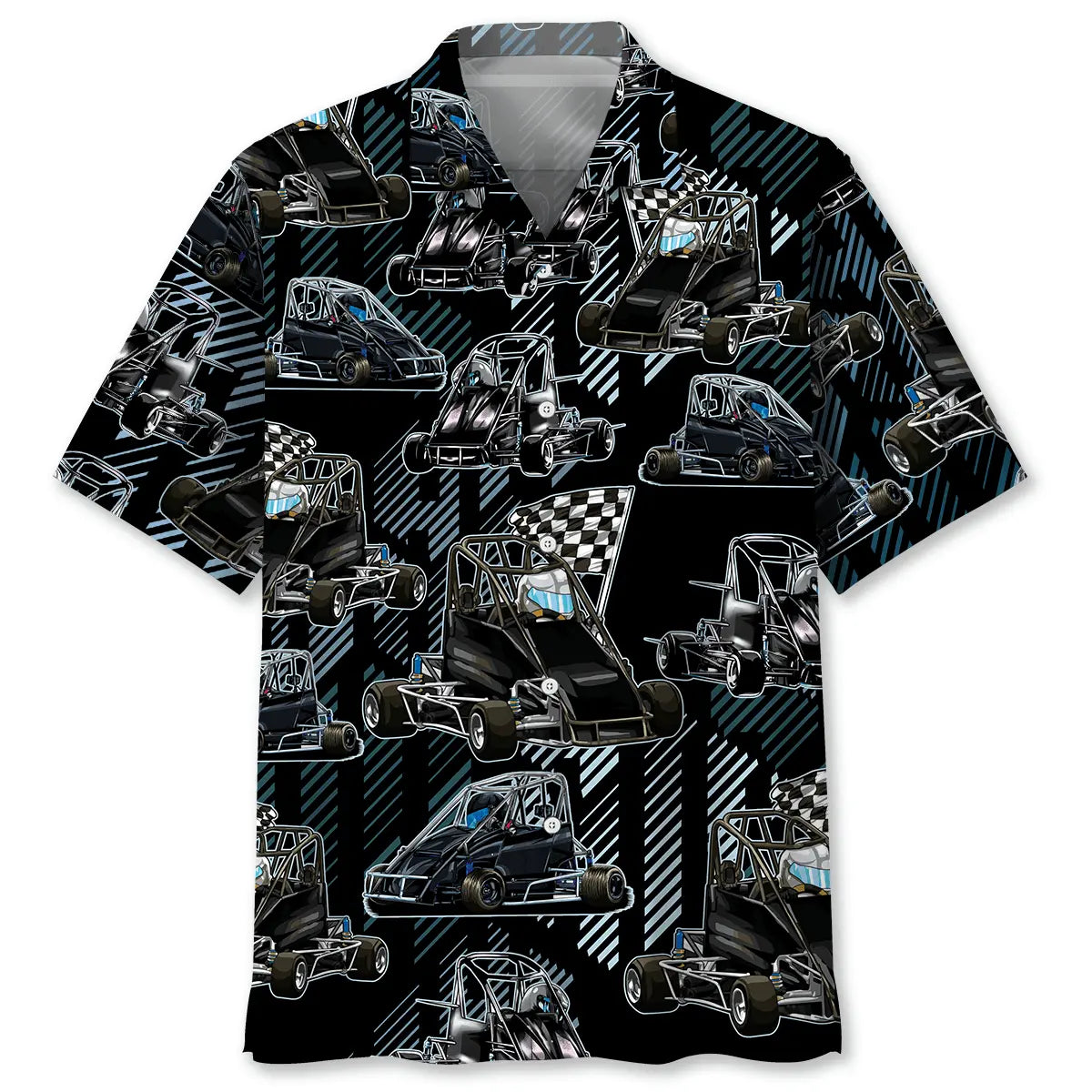 Black Quarter Midget Race Car Hawaiian Shirt For Coastal Travel, Casual Events, And Comfortable Summer Wear