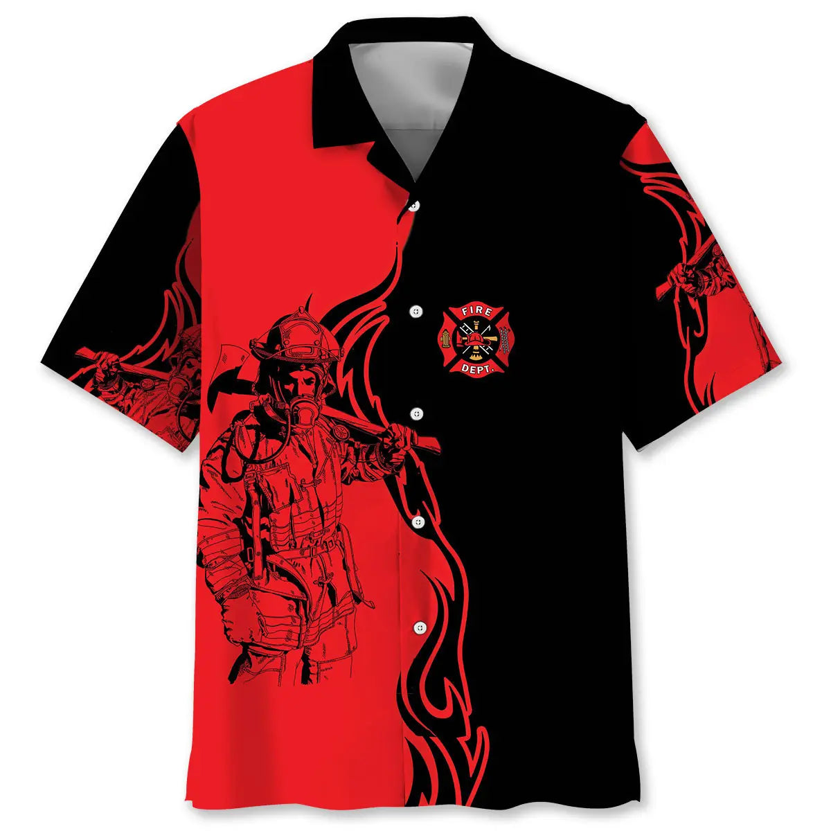 Black And Red Firefighter Hawaiian Shirt For Island Getaway And Memorable Gifting