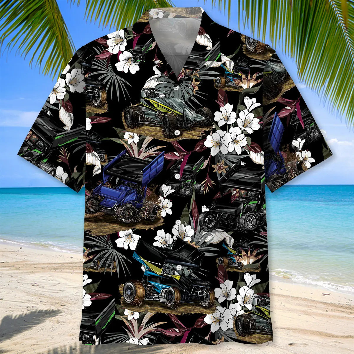 Black Sprint Car Racing Hawaiian Shirt For Weekend Escape And Casual Outdoor Style