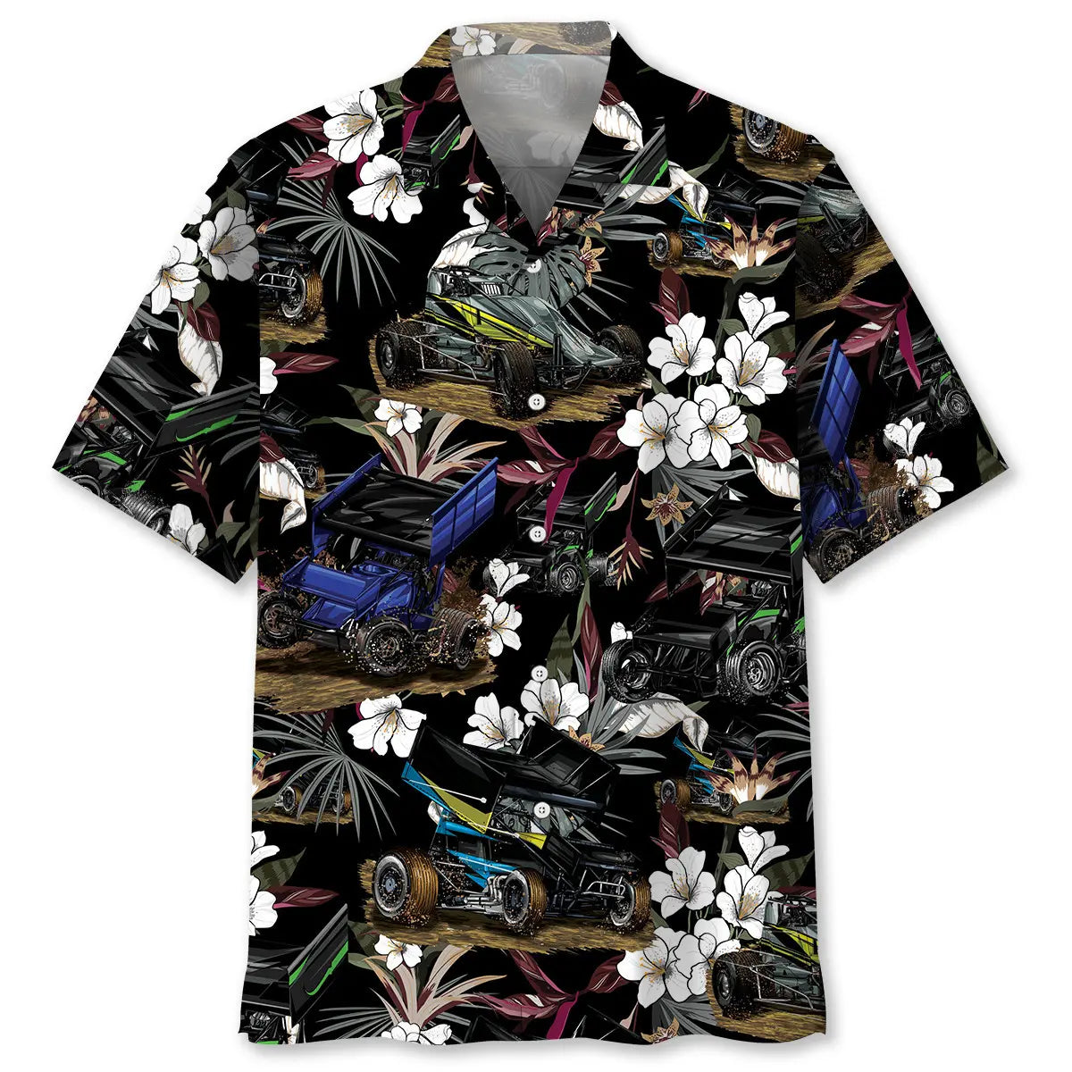 Black Sprint Car Racing Hawaiian Shirt For Summer Road Trip, Beach Party, And Casual Wear