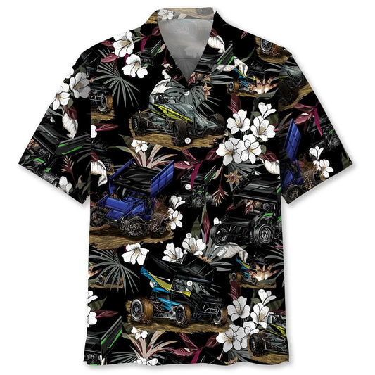 Black Sprint Car Racing Hawaiian Shirt For Summer Road Trip, Beach Party, And Casual Wear