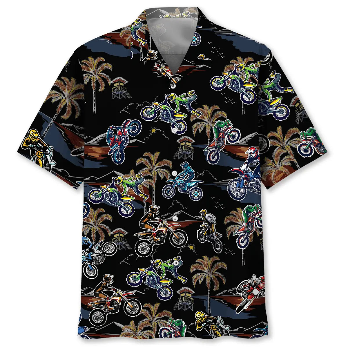 Tropical Black Dirt Bike Racing Hawaiian Shirt For Racing Fans, Summer Outings, And Relaxed Vacation Wear