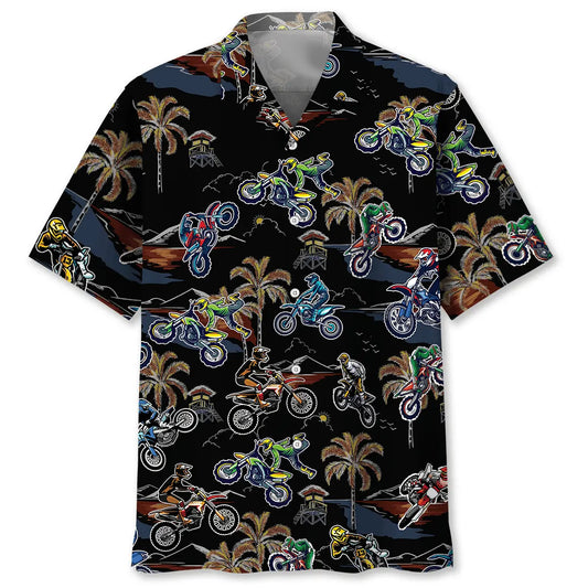 Tropical Black Dirt Bike Racing Hawaiian Shirt For Racing Fans, Summer Outings, And Relaxed Vacation Wear