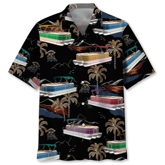 Black Tropical Palm Tree Pontoon Hawaiian Shirt For Casual Weekend, Seasonal Celebration, And Summer Party Style