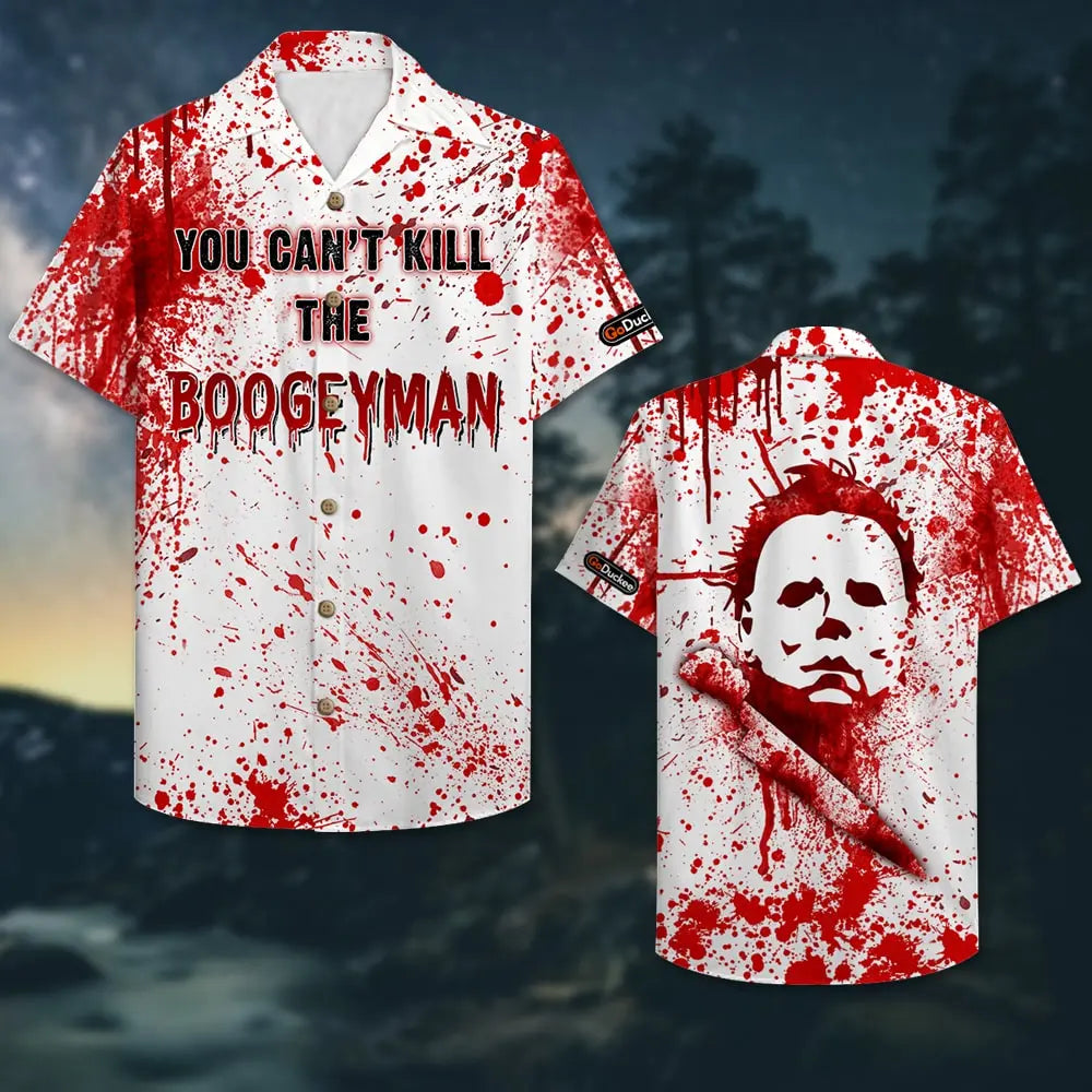 Spooky Island Summer Blood Splatter Aloha Hawaiian Shirt For Beach Days, Summer Outings, And Thoughtful Gift Giving