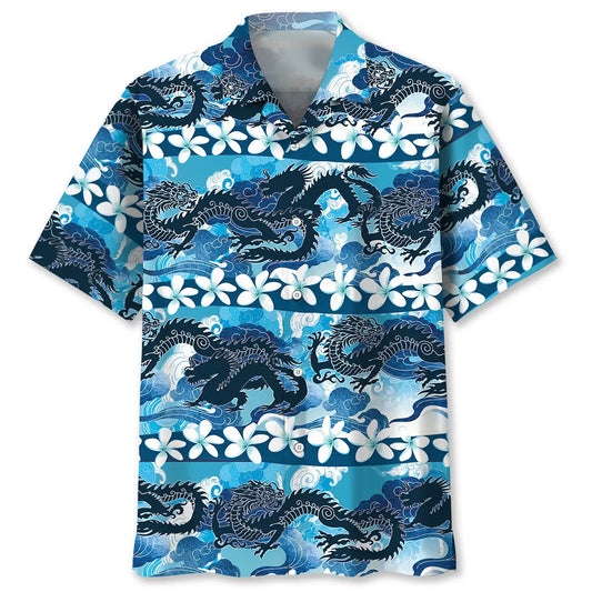Blue Chinese Dragon Hawaiian Shirt For Coastal Travel, Casual Events, And Comfortable Summer Wear