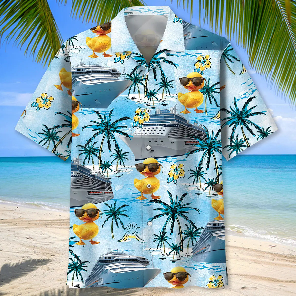 Blue Cruise Duck Hawaiian Shirt For Warm Weather Outing, Cruise Journey, And Relaxed Resort Style