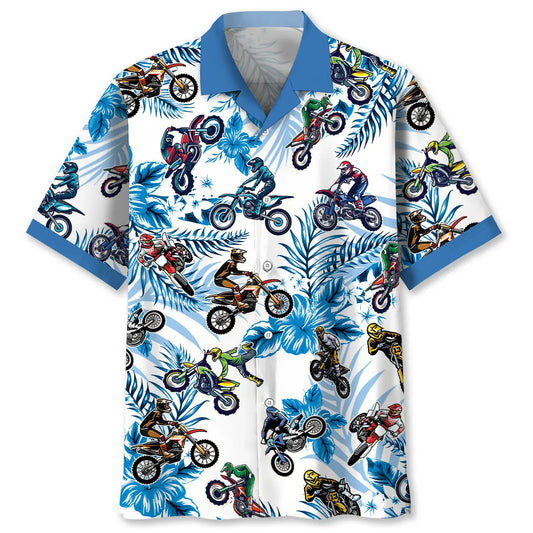 Blue Dirt Bike Racing Hawaiian Shirt For Summer Road Trip, Beach Party, And Resort Wear