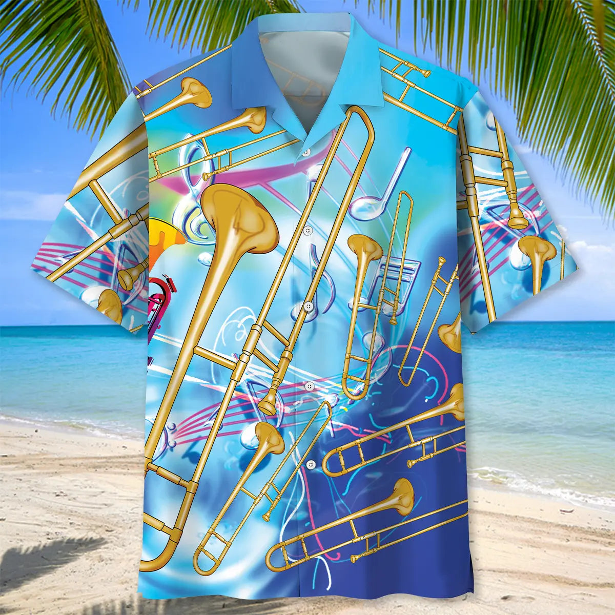 Blue Golden Trombone Hawaiian Shirt For Island Getaway And Comfortable Travel Wear