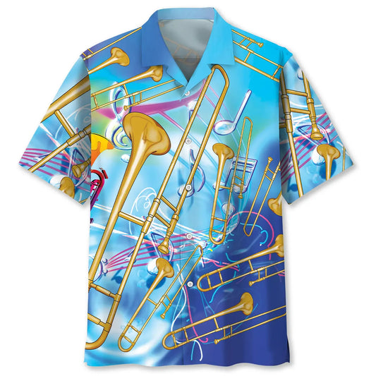 Blue Golden Trombone Hawaiian Shirt For Coastal Adventure And Weekend Wear